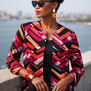 Kasper Artsy Geometric Print Open Front Jacket Blazer Sz 18 Dopamine Chic Career